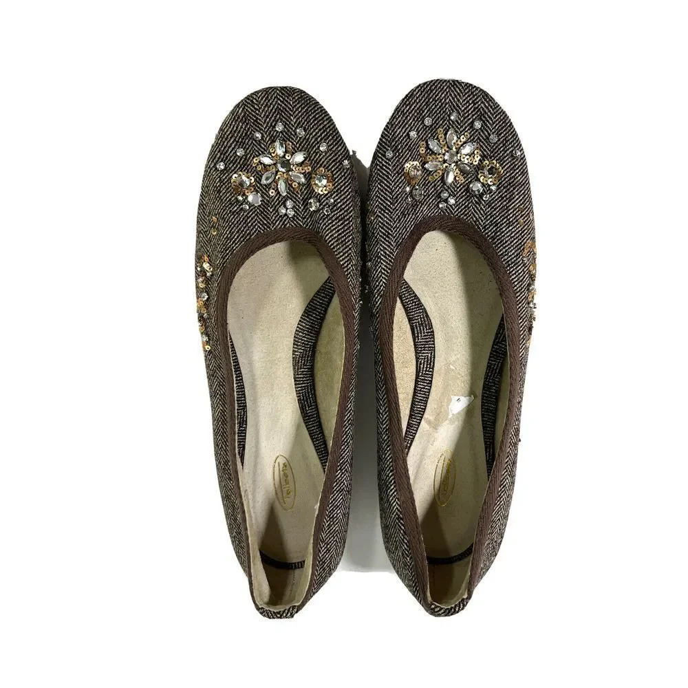 Talbots Brown Tweed Ballet Flats Shoes Size 9 B US Rhinestones‎ Sequins